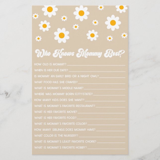Brown Retro Daisy Who Knows Mummy Baby Shower Game Stationery (Front)