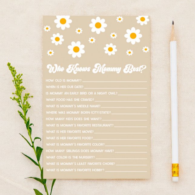 Brown Retro Daisy Who Knows Mummy Baby Shower Game Stationery (Creator Uploaded)