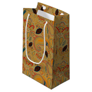 brown retro ethnic vintage paisley floral pattern small gift bag