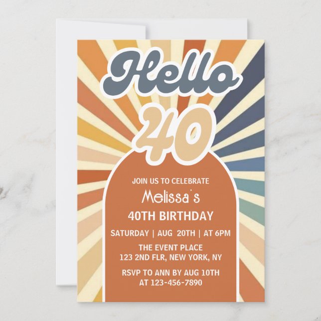Brown Retro Sun Groovy Wave Hello 40th Birthday Invitation (Front)