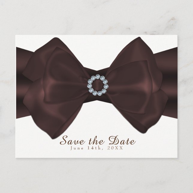 Brown Ribbon & Diamonds Elegant Glam Save the Date Announcement Postcard (Front)