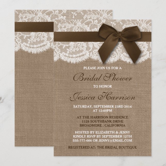 Brown Ribbon On Burlap & Lace Bridal Shower Invitation (Front/Back)