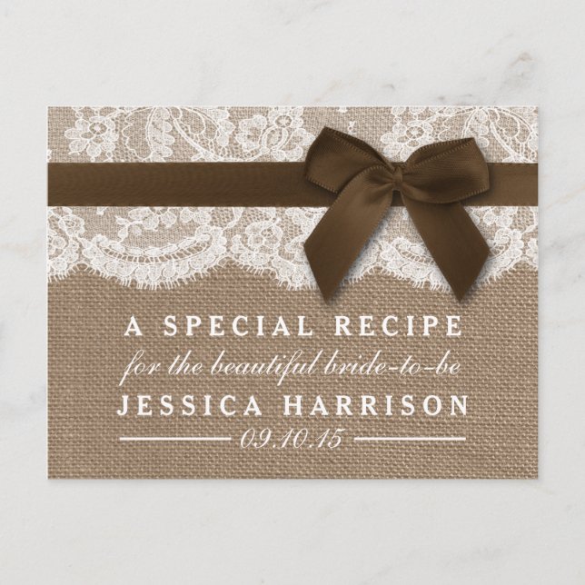 Brown Ribbon On Burlap & Lace Bridal Shower Recipe Invitation Postcard (Front)