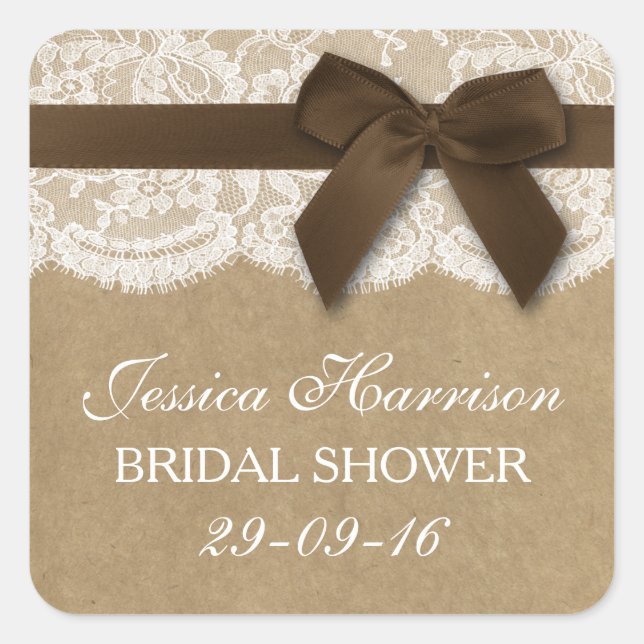 Brown Ribbon On Kraft & Lace Bridal Shower Square Sticker (Front)