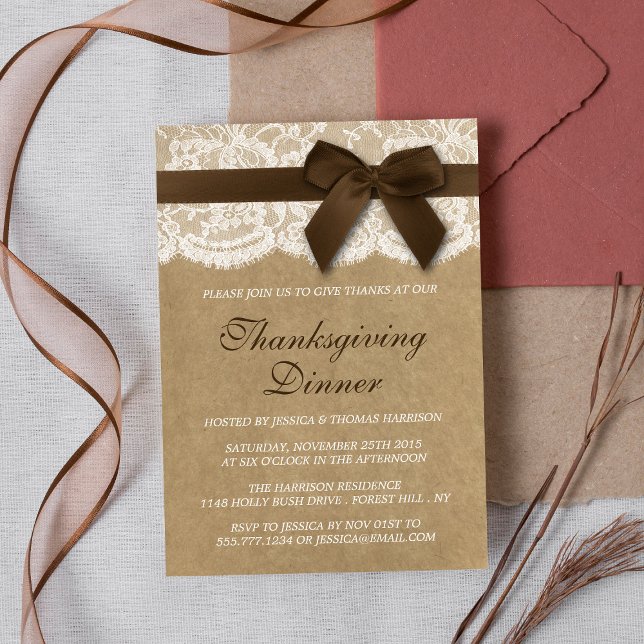 Brown Ribbon On Kraft & Lace Thanksgiving Dinner Invitation (Creator Uploaded)