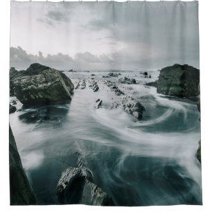 BROWN ROCK AND CLIFF SURROUNDED BODY OF WATER SHOWER CURTAIN