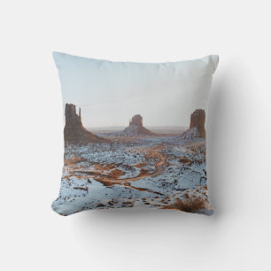 BROWN ROCK FORMATION ON WHITE SNOW COVERED GROUND  CUSHION