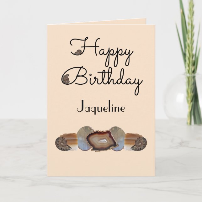 Brown Rock Slice Shell Fossil Beige Happy Birthday Card (Front)