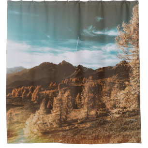 BROWN ROCKY MOUNTAIN UNDER BLUE SKY DURING DAYTIME SHOWER CURTAIN