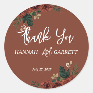 Brown Romantic Dark Green Garden Wedding Classic Round Sticker