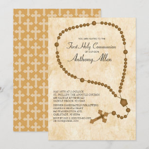 Brown Rosary Beads First Holy Communion Invitation