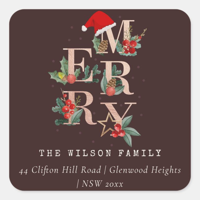 Brown Rose Gold Merry Christmas Foliage Address Square Sticker (Front)