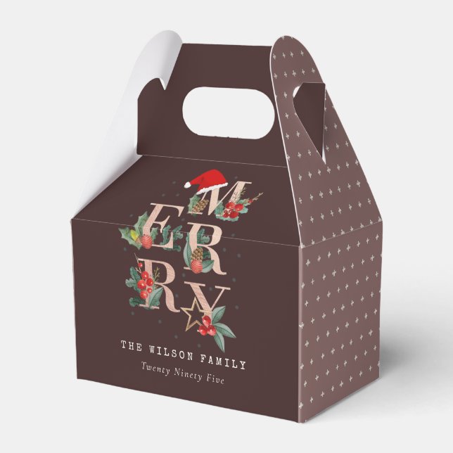 Brown Rose Gold  Red Green Merry Christmas Foliage Favour Box (Front Side)