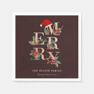 Brown Rose Gold Red Green Merry Christmas Foliage Napkin