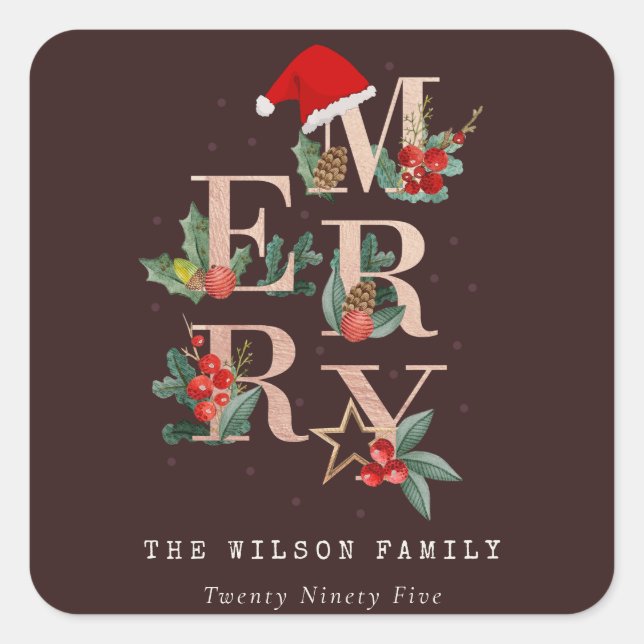 Brown Rose Gold Red Green Merry Christmas Foliage Square Sticker (Front)