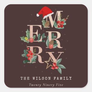 Brown Rose Gold Red Green Merry Christmas Foliage Square Sticker