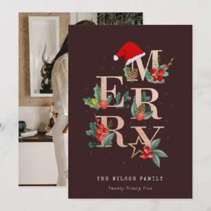 Brown Rose Gold Red Merry Christmas Foliage Photo Holiday Card