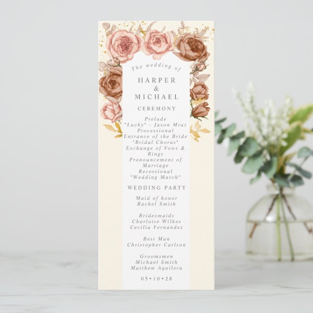 Brown roses blush pink gold wedding program programme (Standing Front)
