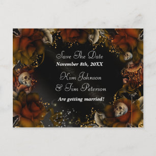 Brown Roses + Skulls Gothic Wedding Postcard