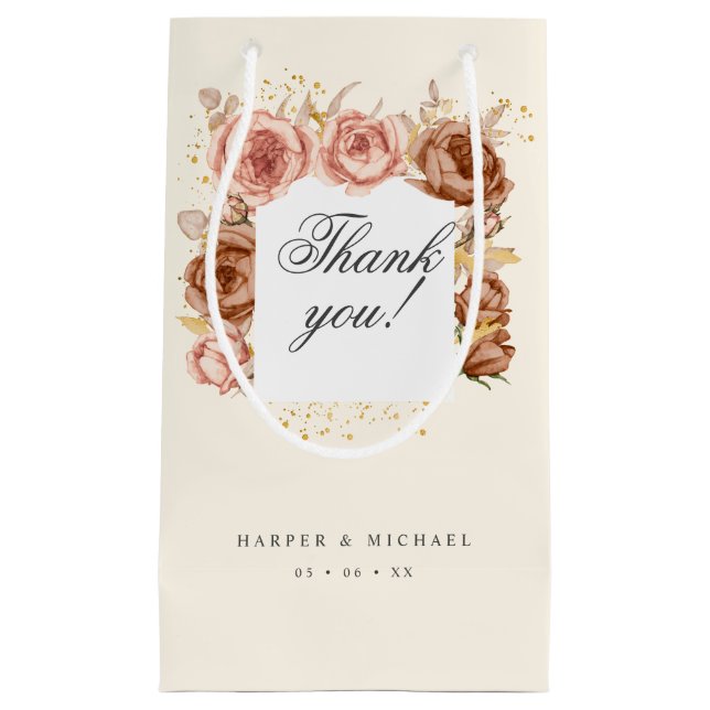 brown roses wedding thank you small gift bag (Front)