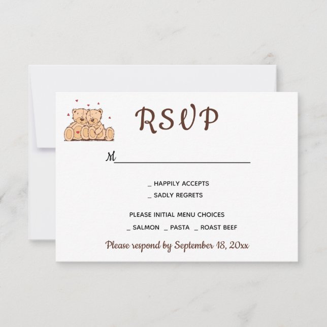 Brown RSVP Teddy Bears Love Wedding Party Card (Front)