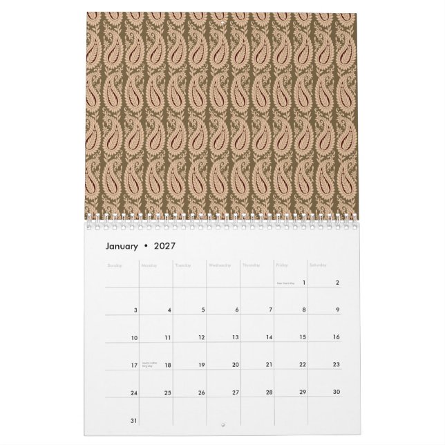 Brown rug featuring a detailed motif pattern with  calendar (Jan 2027)