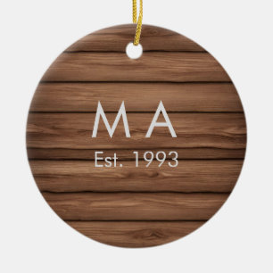 Brown rustic boho add name letter year date text ceramic tree decoration