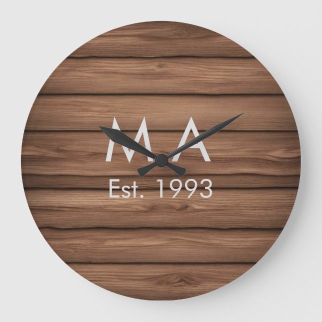 Brown rustic boho add name letter year date text large clock (Front)