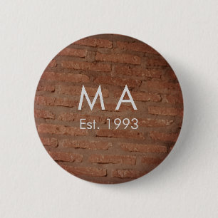 Brown rustic brick stone add name letter year date 6 cm round badge