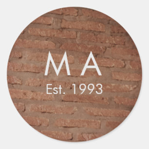 Brown rustic brick stone add name letter year date classic round sticker