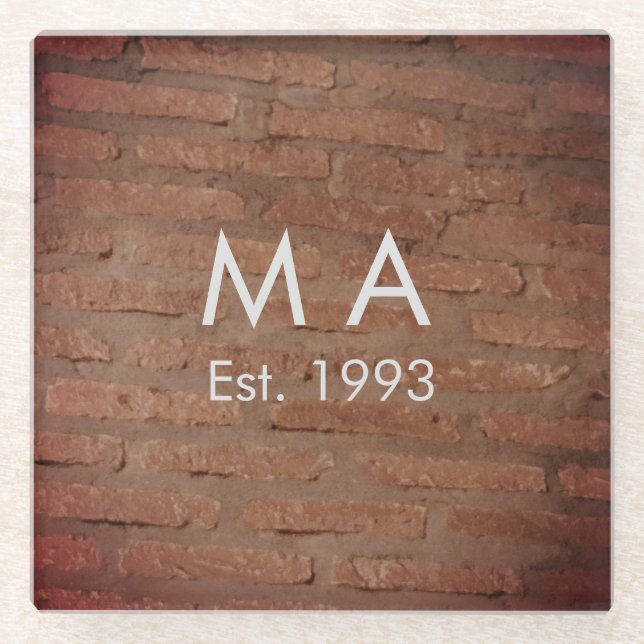 Brown rustic brick stone add name letter year date glass coaster (Front)