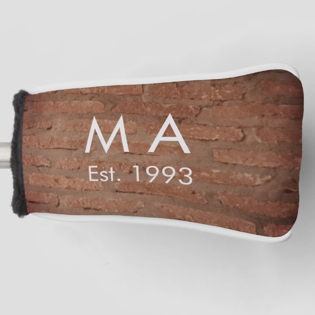 Brown rustic brick stone add name letter year date golf head cover (Front)