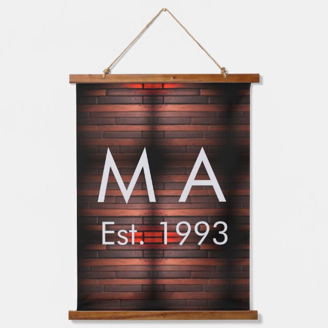 Brown rustic brick stone add name letter year date hanging tapestry (Front)