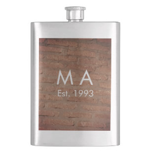 Brown rustic brick stone add name letter year date hip flask