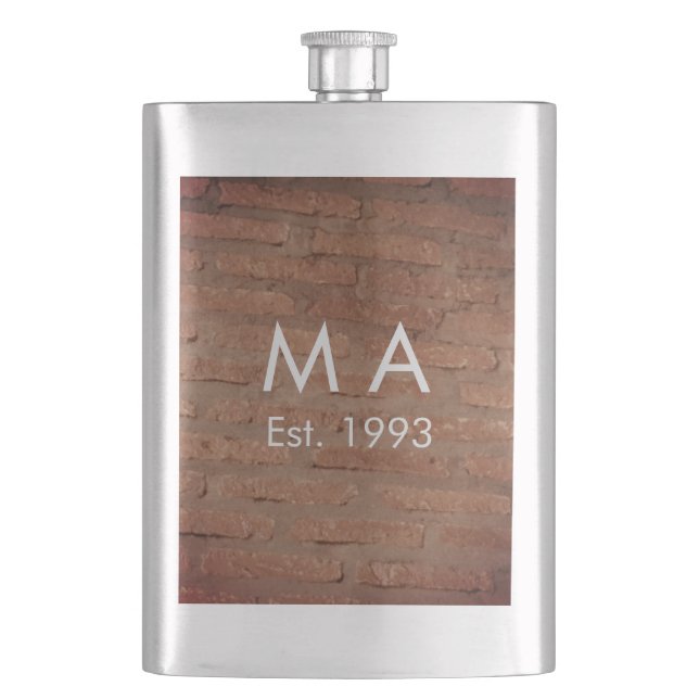 Brown rustic brick stone add name letter year date hip flask (Front)