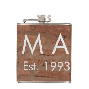 Brown rustic brick stone add name letter year date hip flask