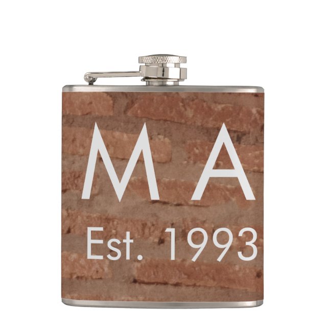 Brown rustic brick stone add name letter year date hip flask (Front)