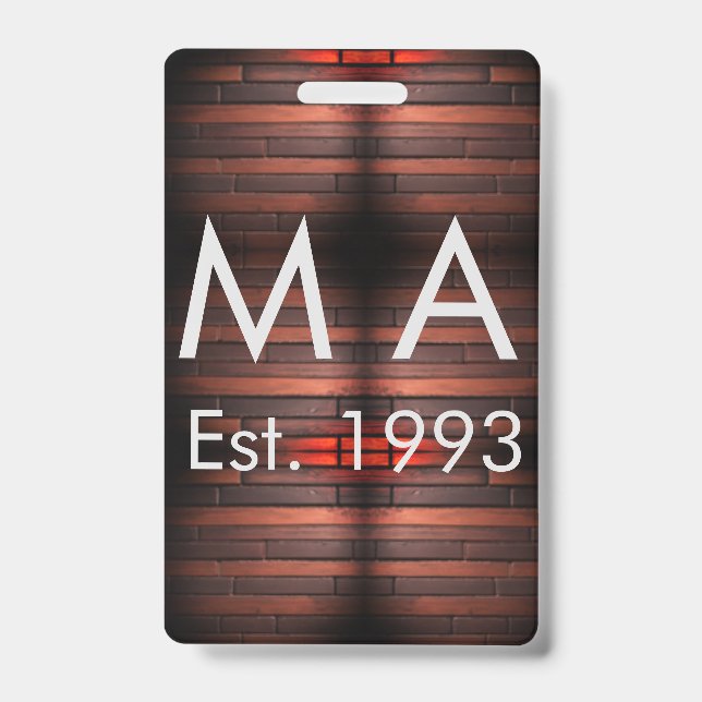Brown rustic brick stone add name letter year date ID badge (Front)