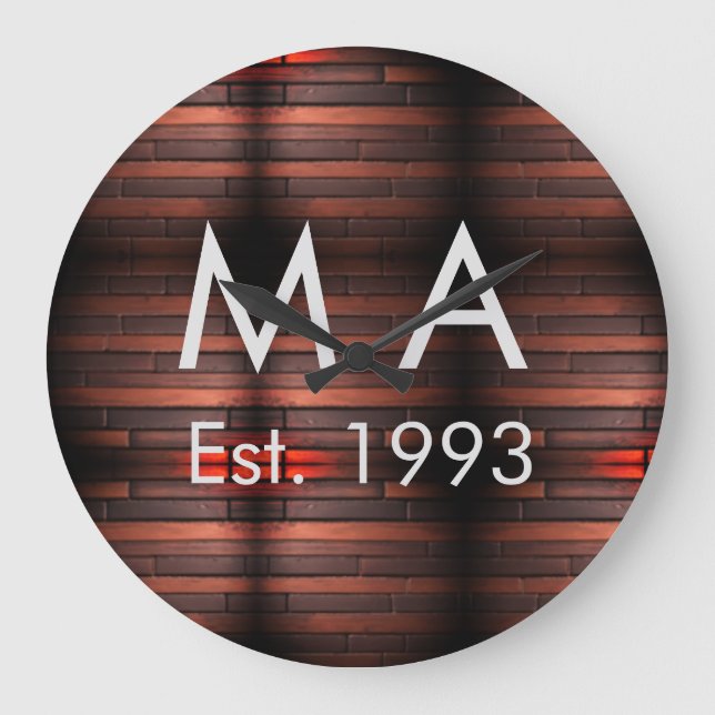 Brown rustic brick stone add name letter year date large clock (Front)