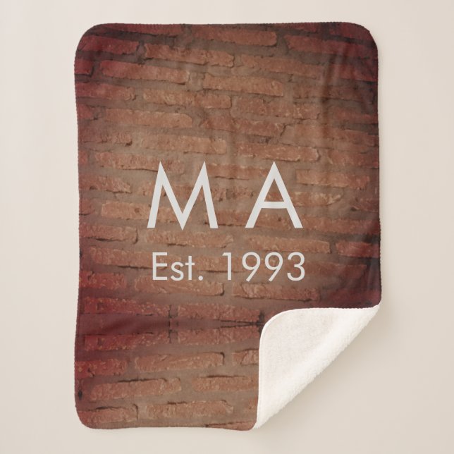 Brown rustic brick stone add name letter year date sherpa blanket (Front)
