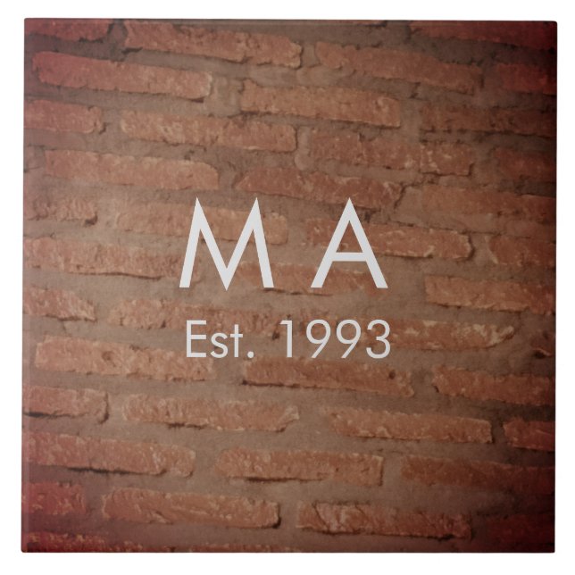 Brown rustic brick stone add name letter year date tile (Front)