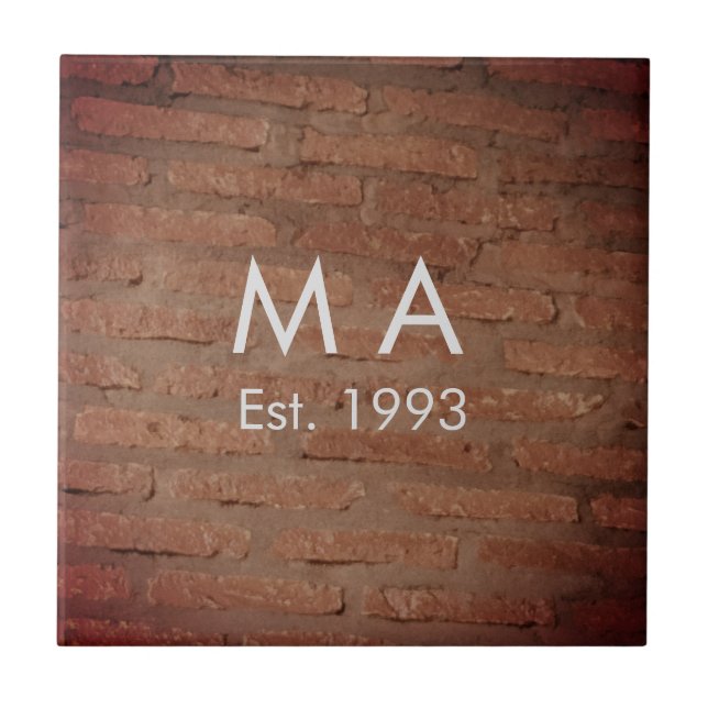 Brown rustic brick stone add name letter year date tile (Front)