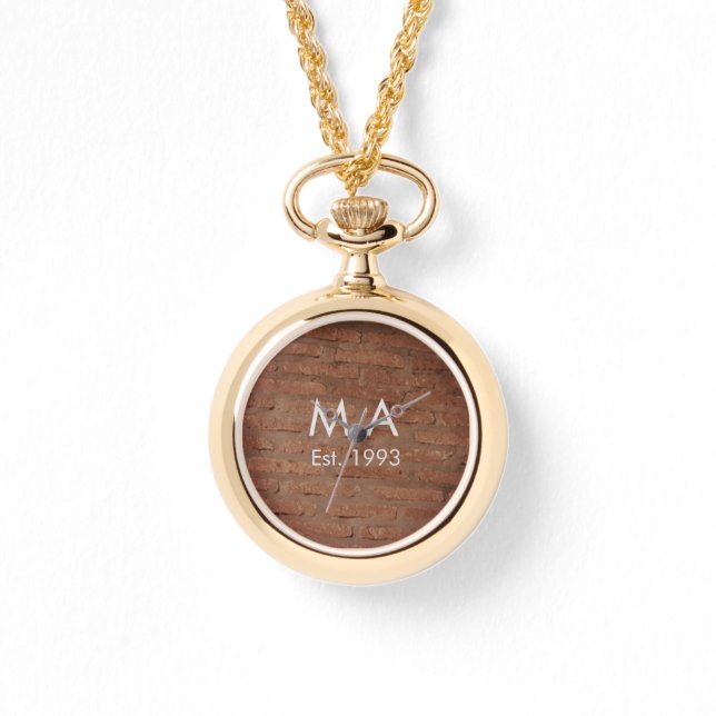 Brown rustic brick stone add name letter year date watch (Front)