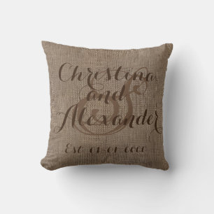 Brown Rustic Burlap-Look Wedding Monogrammed Name Cushion