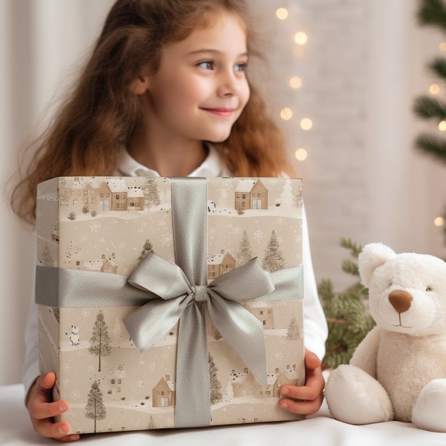 Brown Rustic  Christmas Winter Village  Wrapping Paper Sheet (Creator Uploaded)