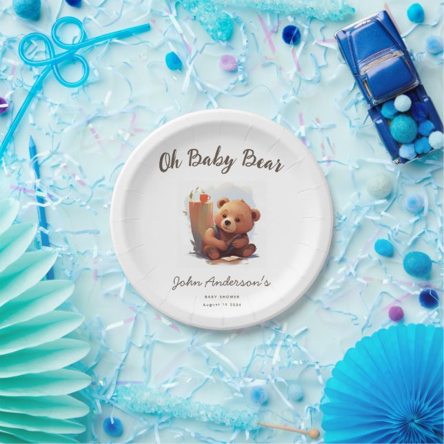 Brown Rustic Cub Bear Baby Shower Paper Plate (Party)
