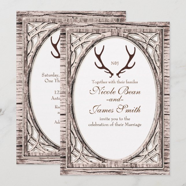 Brown Rustic Deer Antlers White Wood Invitation (Front/Back)