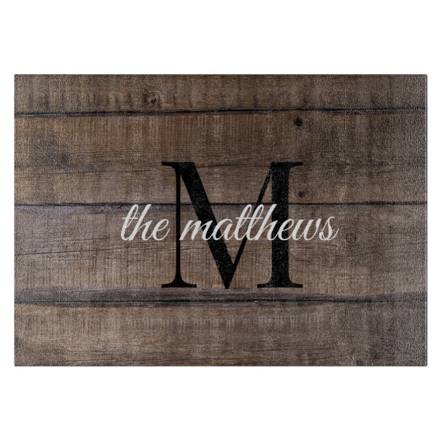 Brown Rustic Farmhouse Barn Wood Monogram Name  Cutting Board (Front)