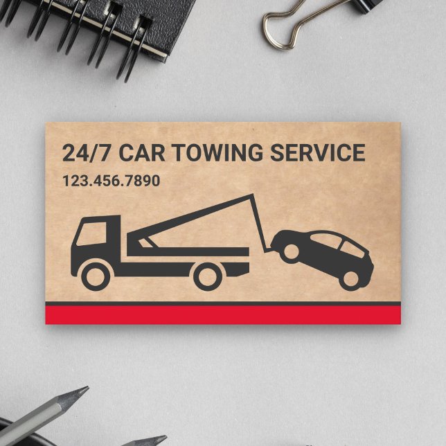 Brown Rustic Kraft Car Towing Service Tow Truck Business Card (Creator Uploaded)