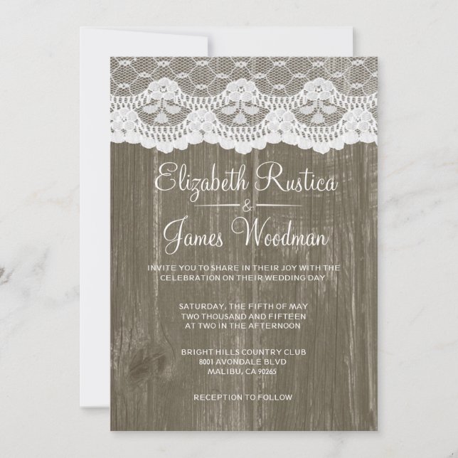 Brown Rustic Lace & Barn Wood Wedding Invitations (Front)